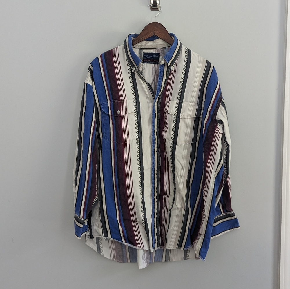 Mens Vintage Wrangler 17.5 35 XLong Tails Stripe Button Down